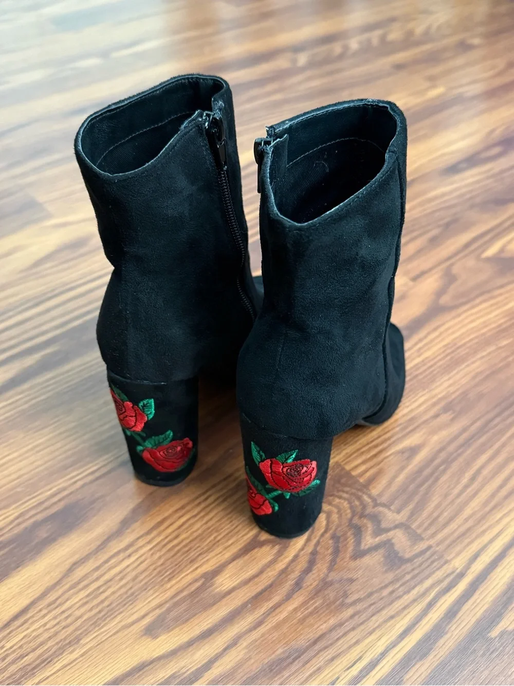 Wild Diva Black Suede Peep-Toe Ankle Booties with Red Rose Embroidery